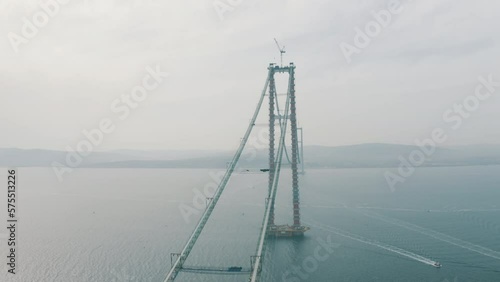 Aerial view of 1915 Canakkale Bridge construction. 4K Footage in Turkey photo