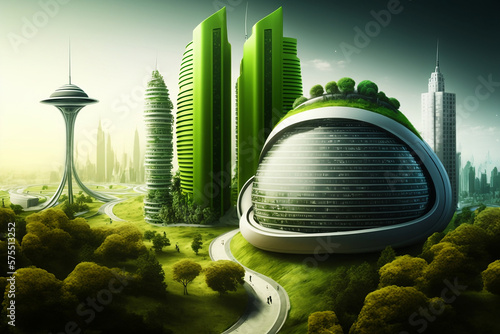 The future of cities, utopian vision of a green and futuristic environment. Eco-friendly cityscape features sustainable architecture, renewable energy sources, generative ai #575513252