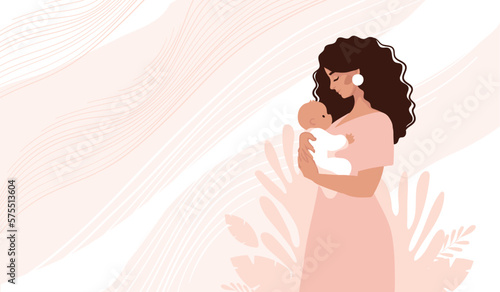 Beautiful modern woman hugging baby, concept of pregnancy and motherhood, vector illustration for doula, obstetrics, doctor. Modern landing page in flat cartoon design.