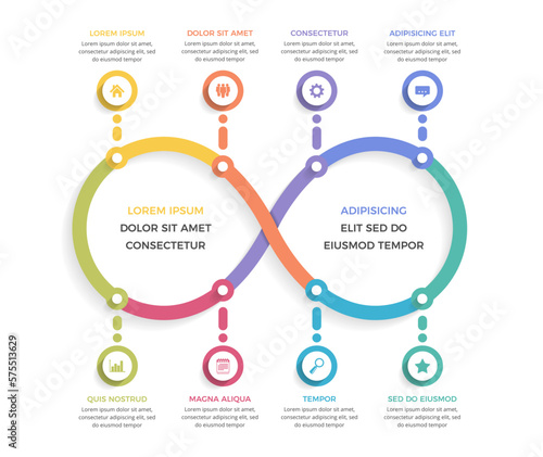 Infographic template with infinity symbol and eight elements for your icons and text, devops concept
