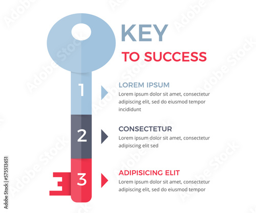 Infographic template with key divided on 3 segments, key to success concept