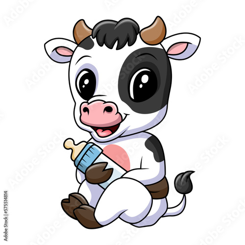 Cute baby cow with milk bottle