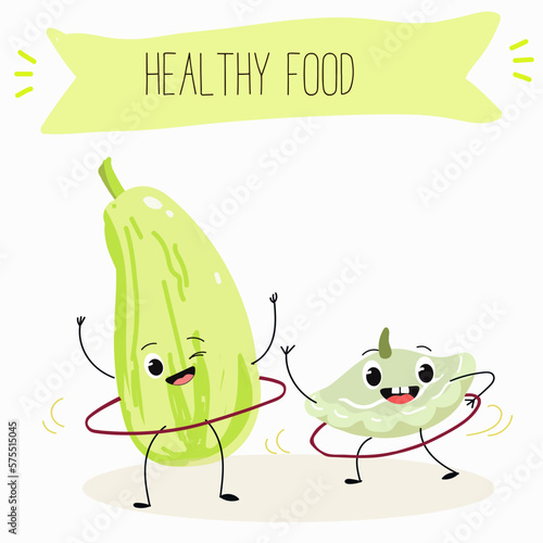 Illustration with funny characters  pattypan,courgette, crop, zucchini, patisson.  Funny and healthy food. Vitamins, cute face food, ingredients, vegetarianism, vector cartoon, antioxidant.