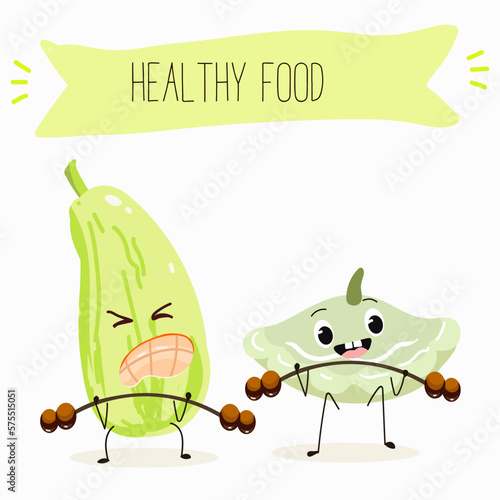 Illustration with funny characters  pattypan,courgette, crop, zucchini, patisson.  Funny and healthy food. Vitamins, cute face food, ingredients, vegetarianism, vector cartoon, antioxidant.