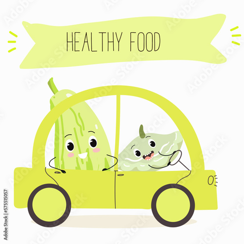 Illustration with funny characters  pattypan,courgette, crop, zucchini, patisson.  Funny and healthy food. Vitamins, cute face food, ingredients, vegetarianism, vector cartoon, antioxidant.