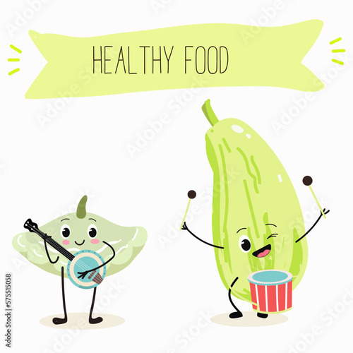 Illustration with funny characters  pattypan,courgette, crop, zucchini, patisson.  Funny and healthy food. Vitamins, cute face food, ingredients, vegetarianism, vector cartoon, antioxidant.