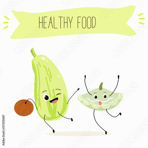 Illustration with funny characters  pattypan,courgette, crop, zucchini, patisson.  Funny and healthy food. Vitamins, cute face food, ingredients, vegetarianism, vector cartoon, antioxidant.