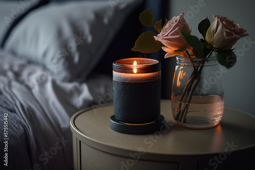 night candle near the bed in the bedroom illustration Generative AI