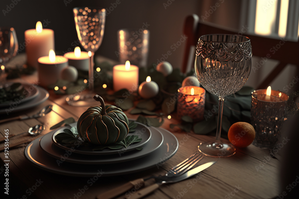 Naklejka premium romantic dinner in a restaurant. illustration Generative AI