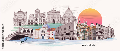 Contemporary artwork. Creative design in retro style. Black and white image if beautiful buildings in Venice. Vintage town. Concept of creativity, surrealism, imagination, futuristic landscape