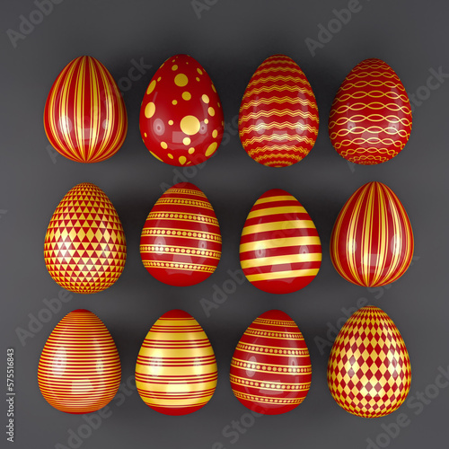 3d render of 13 red and gold easter eggs on black background. - Vacation background