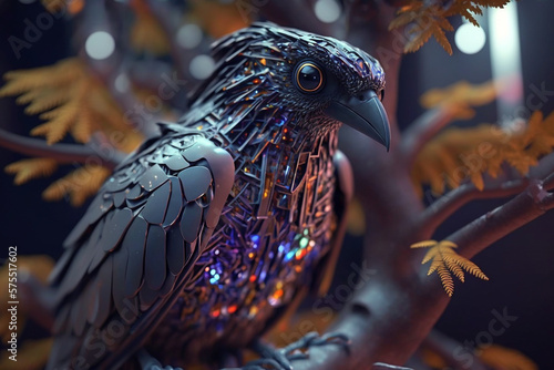 crow robotic cyber bird on tree illustration Generative AI