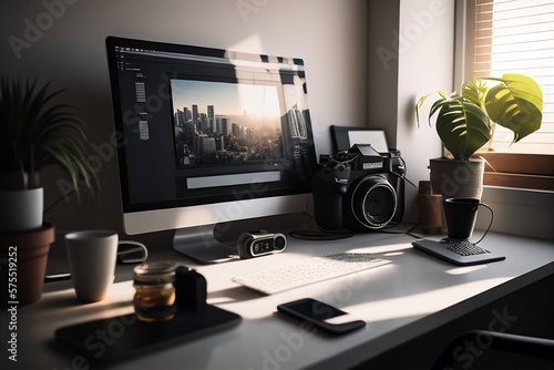 Clean and aesthetic modern desk with camera and houseplants computer desktop background