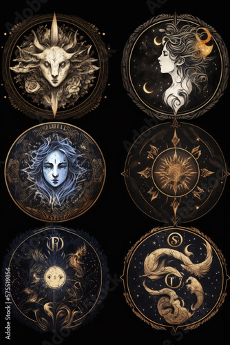 A mystical zodiac symbol art collection may include various symbols representing each zodiac sign. © PHOTRIX