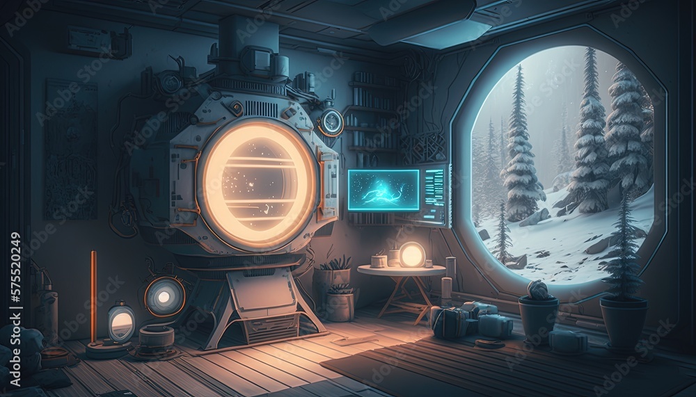 Interior of a Futuristic Cabin on a snowy night, Ai, Ai Generated Interior of a Futuristic Cabin on a snowy night, Ai, Ai Generated
