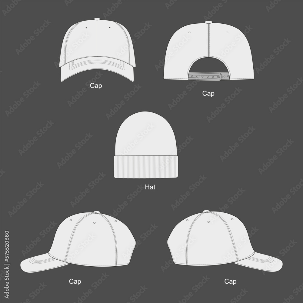 Vetor de Set of hats. Plain Baseball Cap. Trucker Hat Snap back