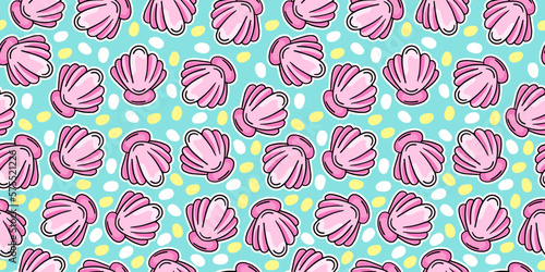 Cartoon marine pattern with shells, vacation, vector seamless pattern in the style of doodles, hand draw
