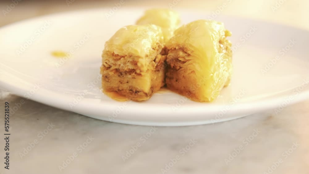 Close up view of Turkish traditional dessert. 4K Footage in Turkey Close up view of Turkish traditional dessert. 4K Footage in Turkey