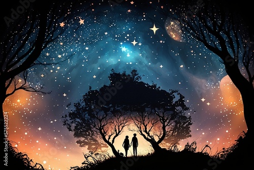 Fantasy fairytale silhouette couple gazing at a magical starry night sky computer desktop background