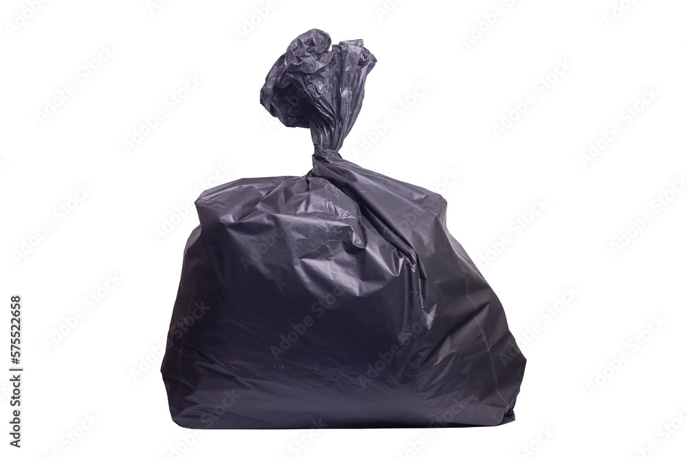 A garbage black bag that tied the mouth nicely. black garbage bag isolated on white background, clipping paths A garbage black bag that tied the mouth nicely. black garbage bag isolated on white background, clipping paths