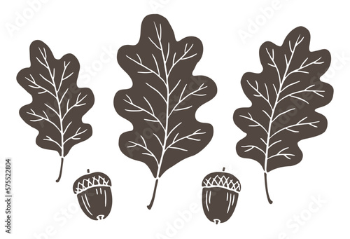 One-color oak leaf and acorn illustrations
