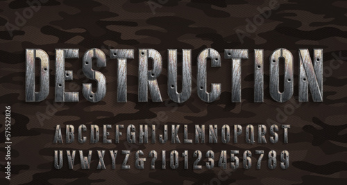 Destruction alphabet font. Rusted metal letters and numbers with bullet marks. Camo background. Stock vector typescript for your design.