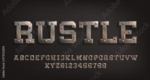 Rustle alphabet font. Rust metal letters and numbers with rivets. Stock vector typeface for your typography design.