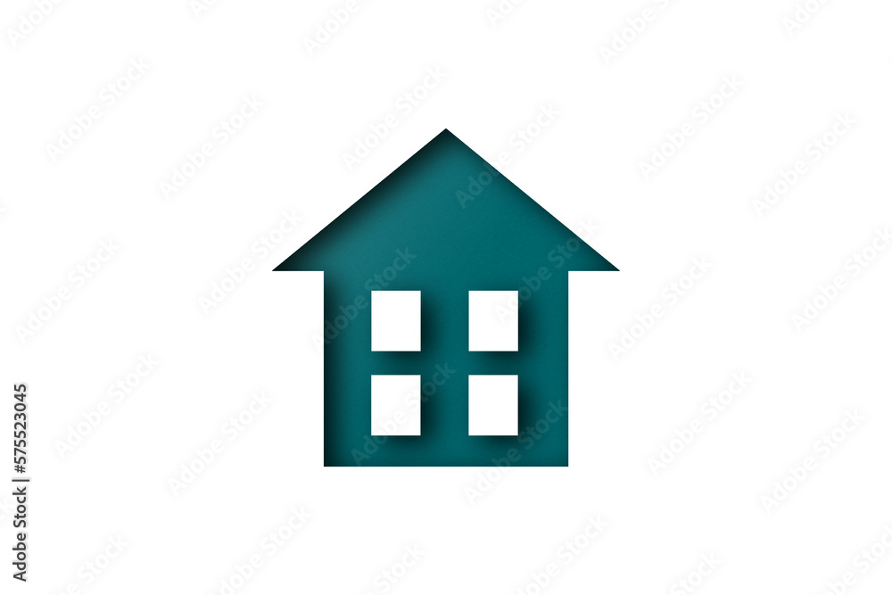 Green paper cut house shape isolated on white background.