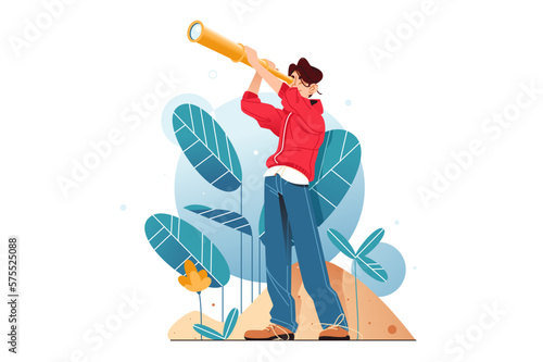 Guy holds telescope, searching for something