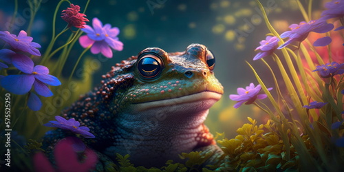 Portrait of a frog with a bush of flowers in the background Generative AI