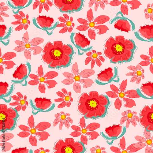 hand drawn red flower pattern. flower seamless pattern.Design for printing, fabric ,cover book, fabric flower fashion ,packaging.Spring flower Season.Colourful season
