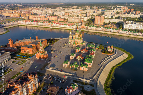 Yoshkar-Ola, Russia. Panorama of the city center during sunset. Aerial view