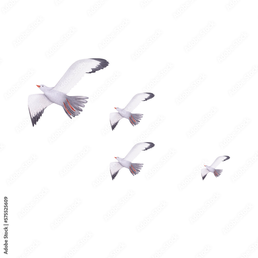 Fototapeta premium Seagulls watercolor illustration. Hand painted card with norwegian house isolated on white background.