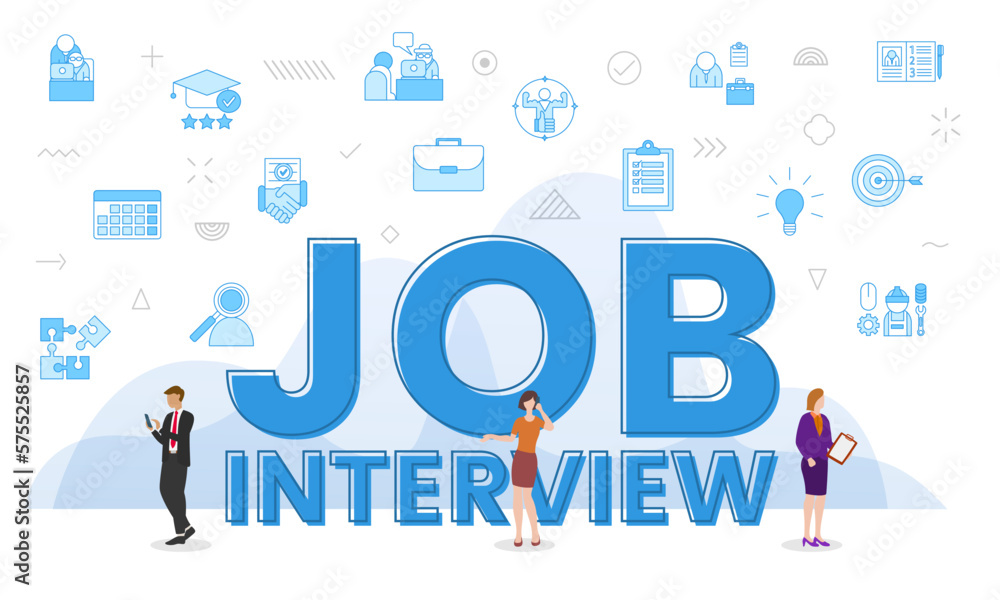 job interview concept with big words and people surrounded by related icon with blue color style job interview concept with big words and people surrounded by related icon with blue color style