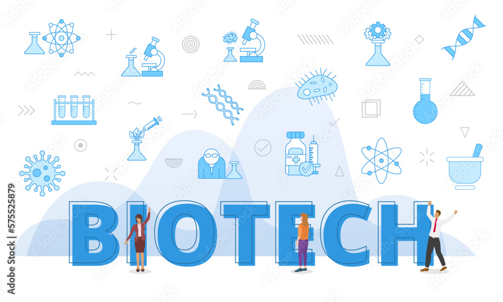 biotechnology concept with big words and people surrounded by related icon with blue color style