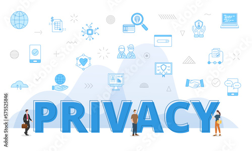 privacy concept with big words and people surrounded by related icon with blue color style