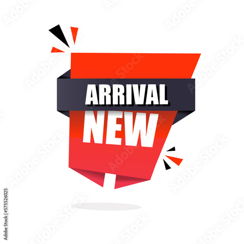 New arrival label, icon or banner design element. Marketing sale promotion label.