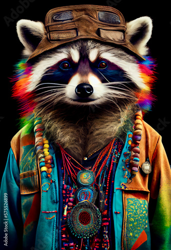 Generative AI abstract render of a hippie raccoon