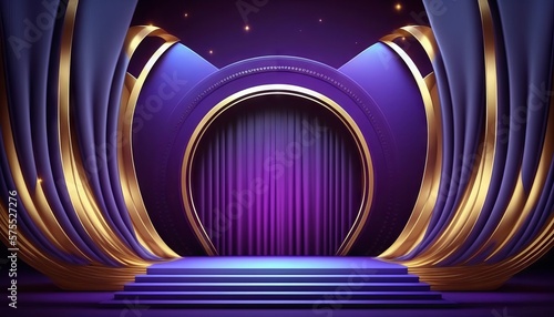 Blue purple Golden Curtain Stage Award Background. Trophy on Red Carpet Luxury Background. Generative ai