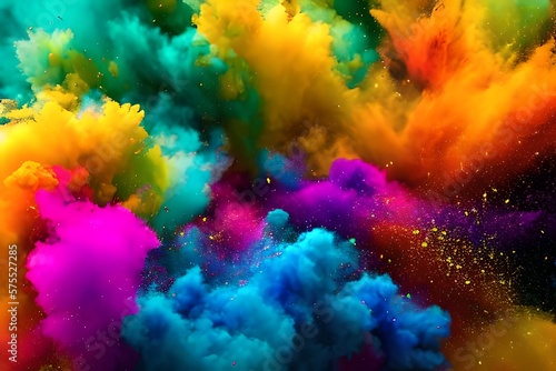 A centered explosion of colorful powder on a black background
