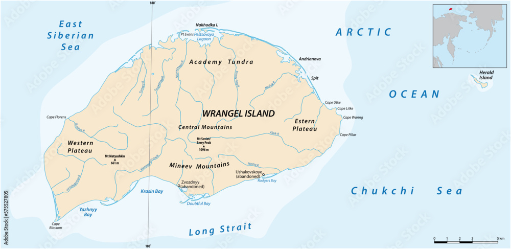 Map of russian wrangel island in arctic ocean