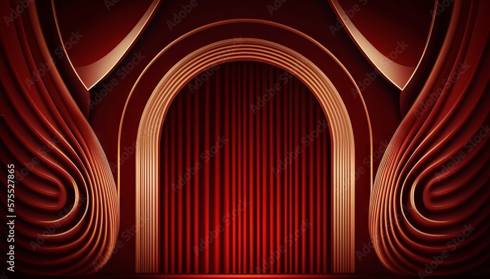 Red Maroon Golden Curtain Stage Award Background. Trophy on Red Carpet
