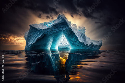 Wonderful Iceberg with beautiful reflection on the sea concept with dramatic sky. Generative ai illustration