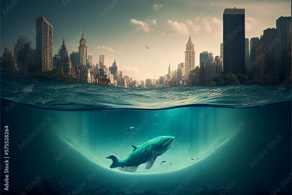 This AI-generated photo depicts a city submerged halfway in the sea ...
