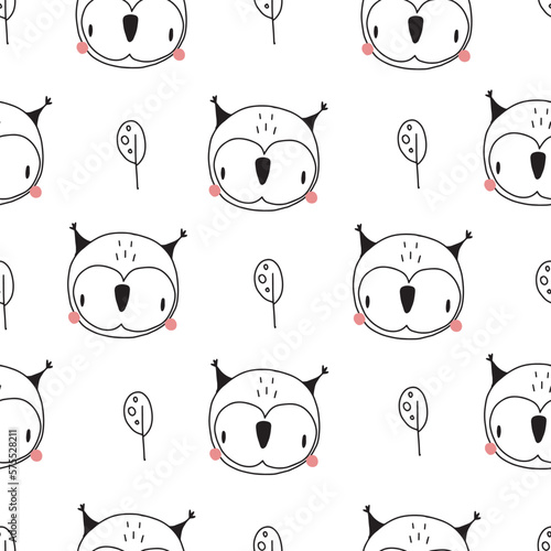 Seamless pattern with cute owls. Doodle style vector illustration isolated on white background for your design photo