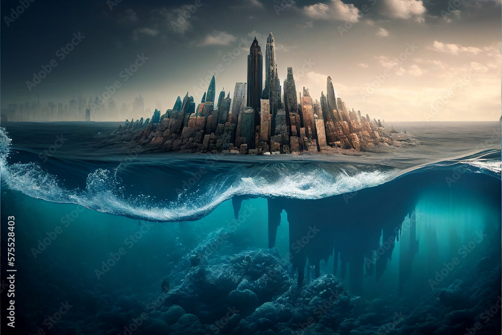 This AI-generated photo depicts a city submerged halfway in the sea ...