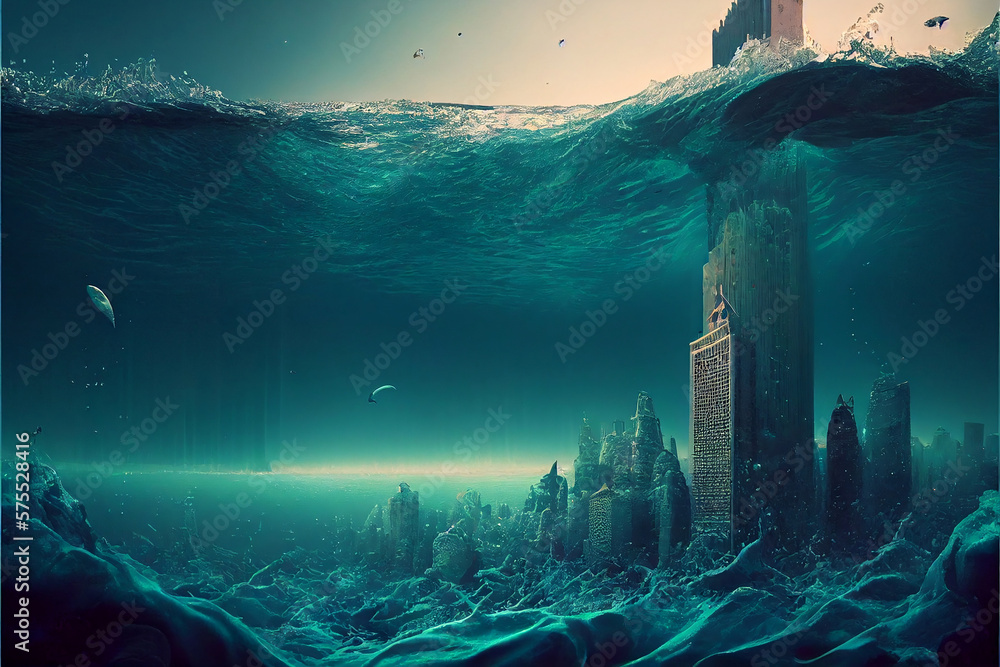 This AIgenerated photo depicts a city submerged halfway in the sea