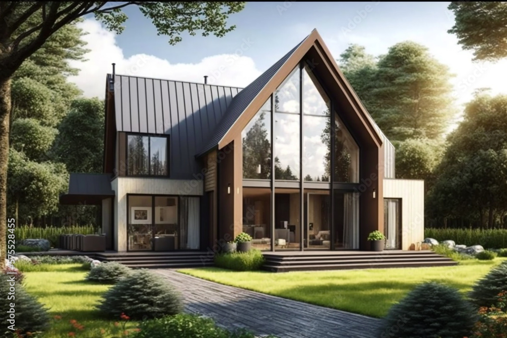 Exterior image of a modern and contemporary house with large windows with a garden and foggy area. Generative ai illustration Exterior image of a modern and contemporary house with large windows with a garden and foggy area. Generative ai illustration