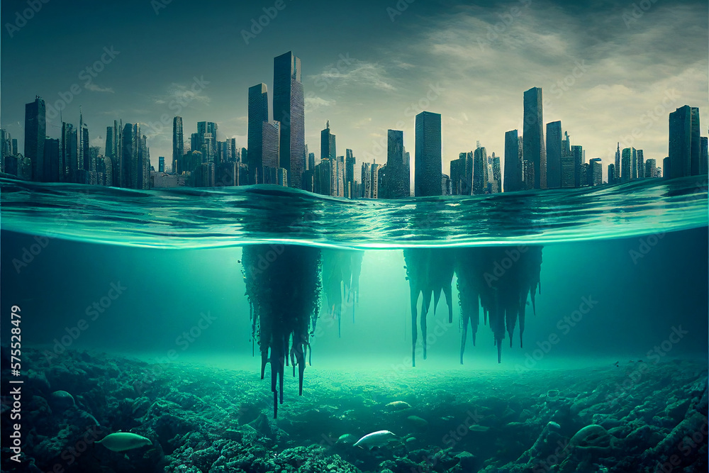 This AI-generated photo depicts a city submerged halfway in the sea ...