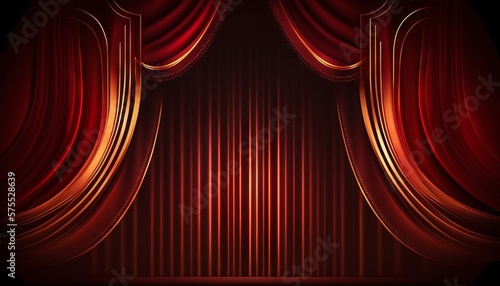 Red Maroon Golden Curtain Stage Award Background. Trophy on Red Carpet Luxury Background. Generative ai